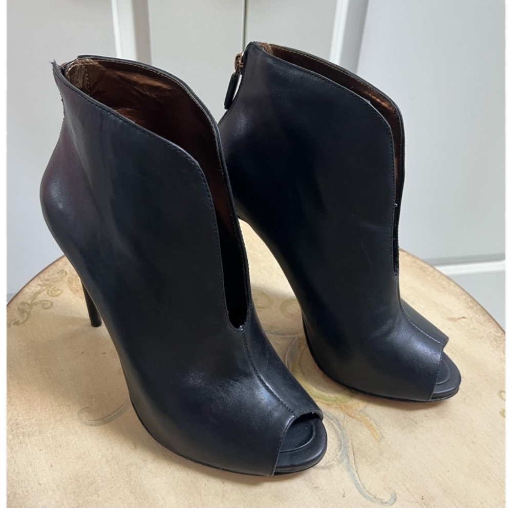 Women's Black Leather Peep-Toe Ankle Booties